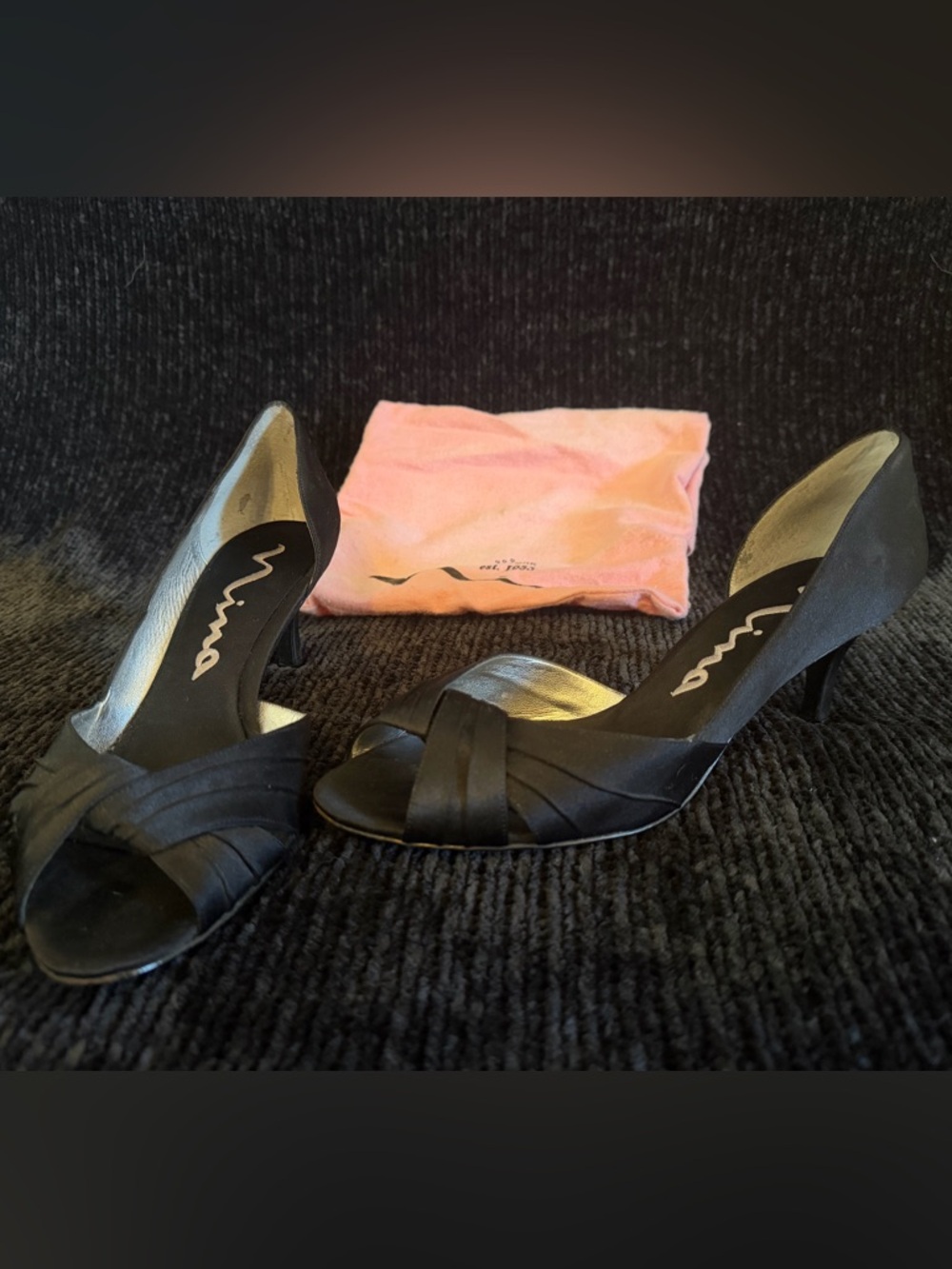 Nina Black Satin Crisscross Peep-Toe Heels